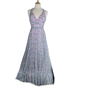 Laundry by Shelli Segal V Neck Pleated Chiffon Floral Maxi Sun Dress Sz 4 Flowy